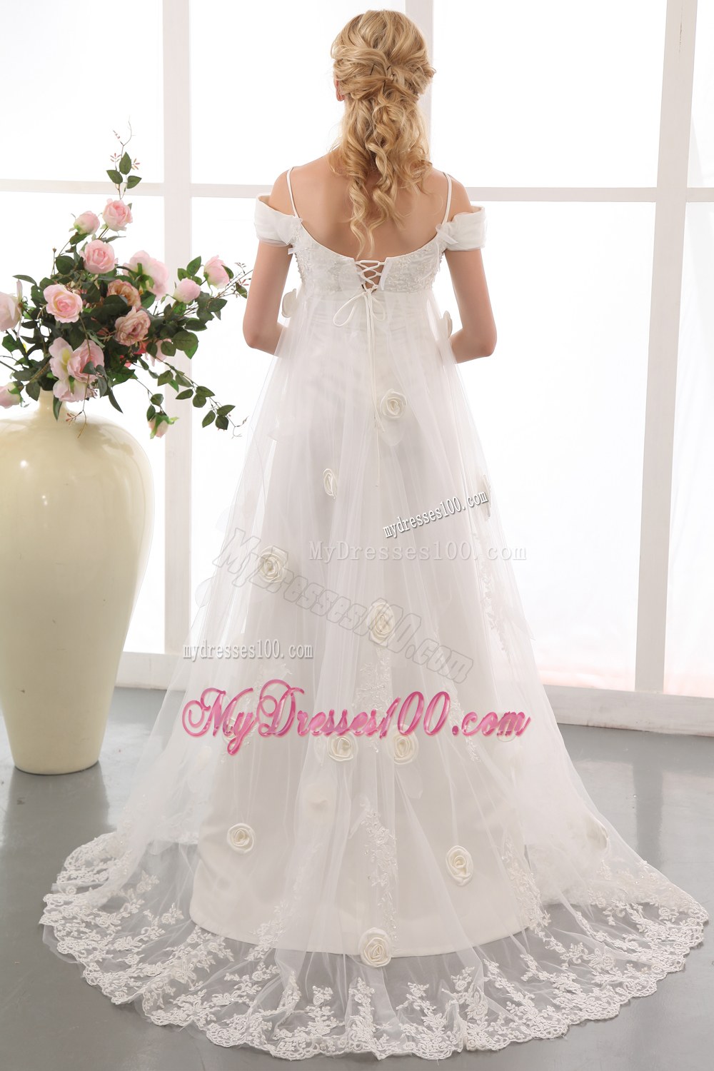 Off The Shoulder Court Train Wedding Dresses with Appliques and Flowers