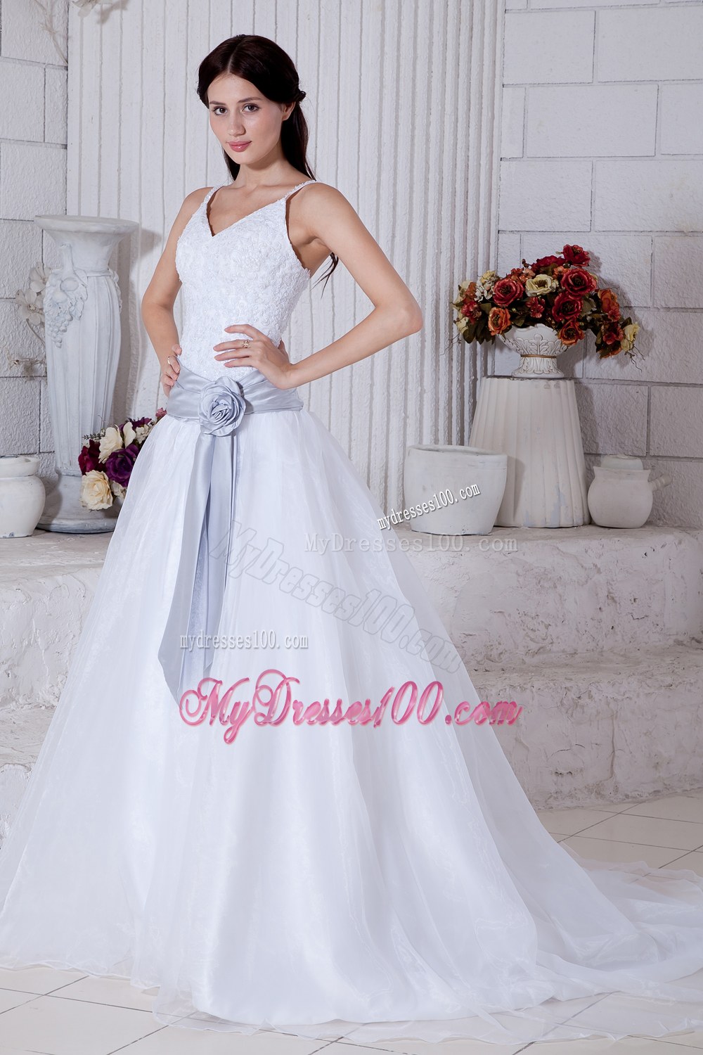 Modest Straps Court Train Flowers Sashes Wedding Dresses