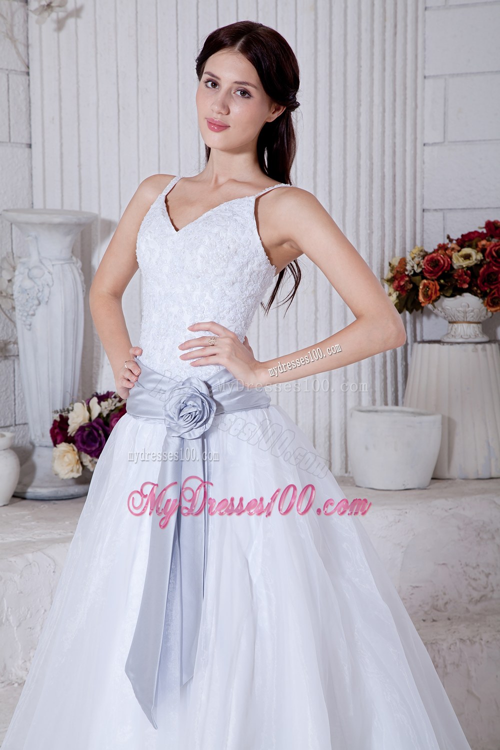 Modest Straps Court Train Flowers Sashes Wedding Dresses