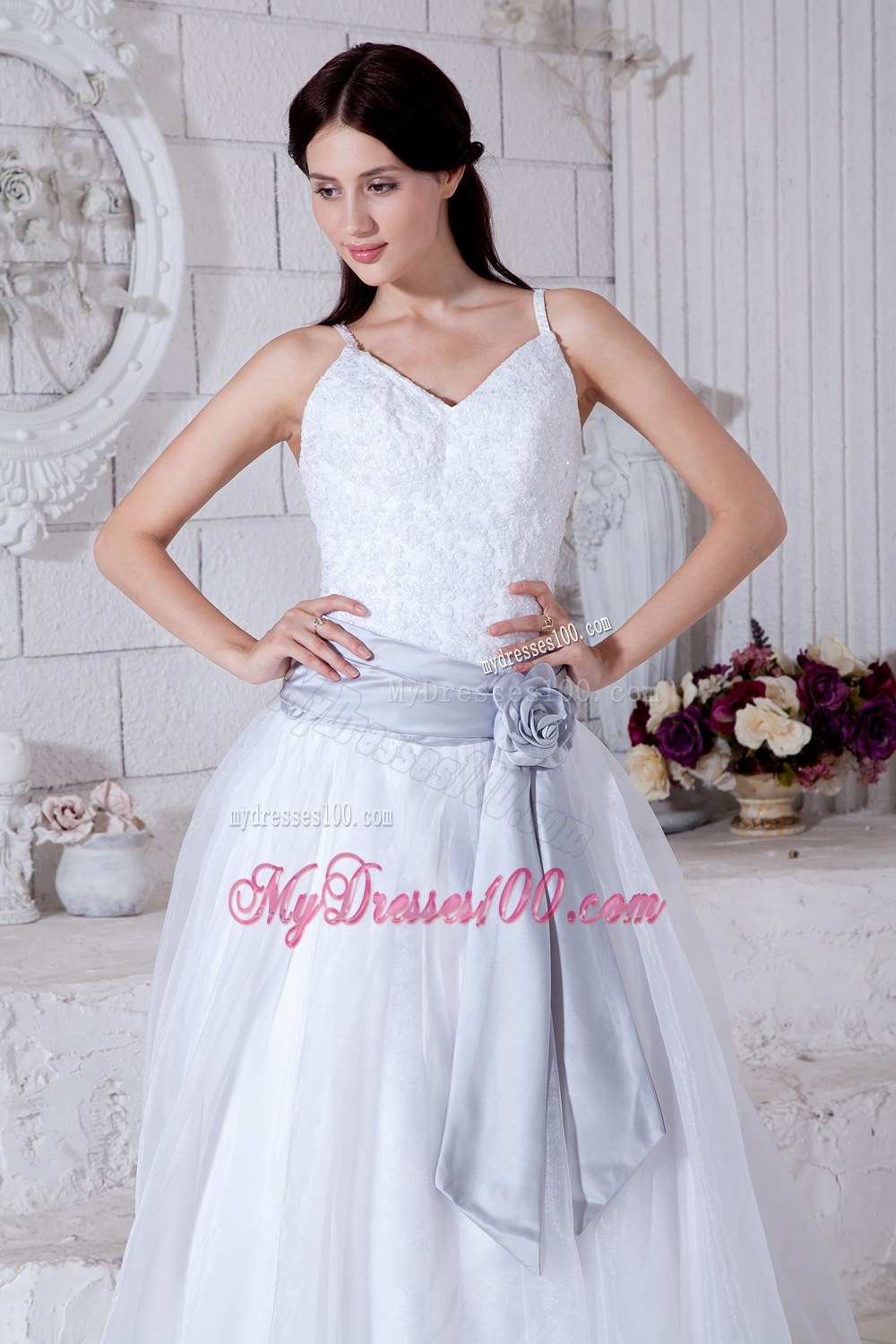 Modest Straps Court Train Flowers Sashes Wedding Dresses