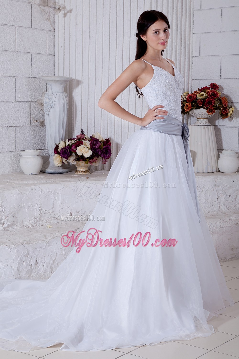 Modest Straps Court Train Flowers Sashes Wedding Dresses