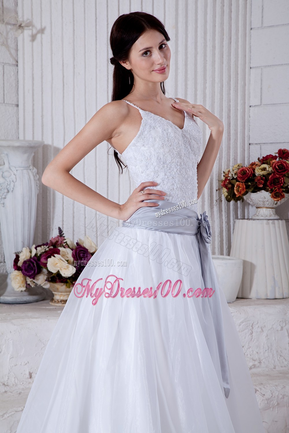 Modest Straps Court Train Flowers Sashes Wedding Dresses