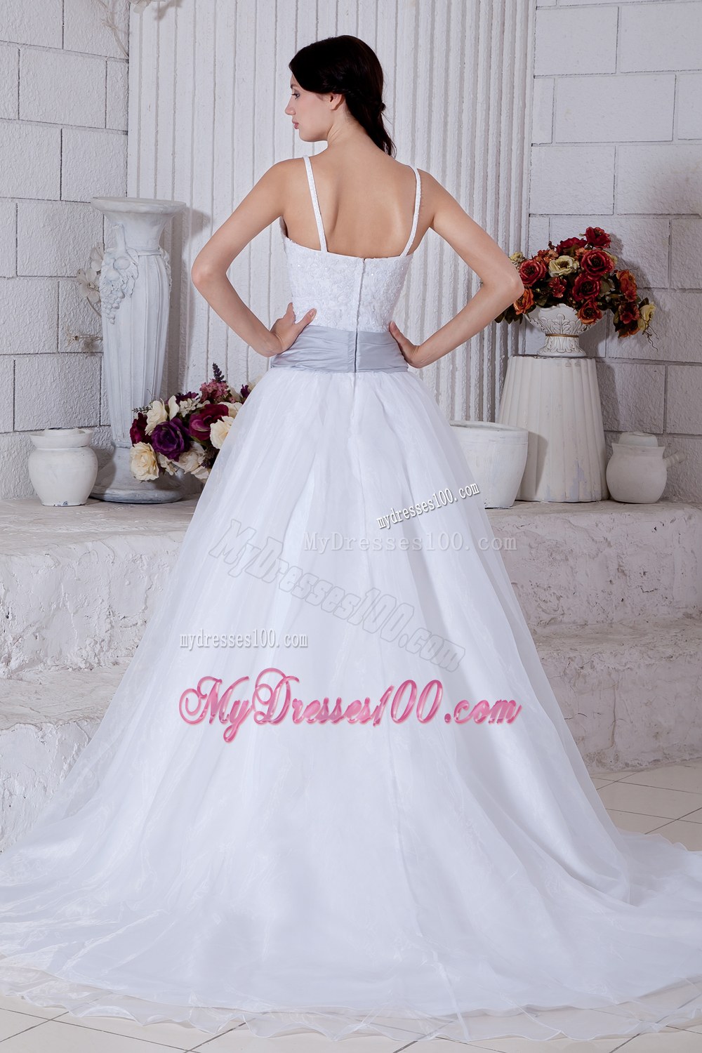 Modest Straps Court Train Flowers Sashes Wedding Dresses