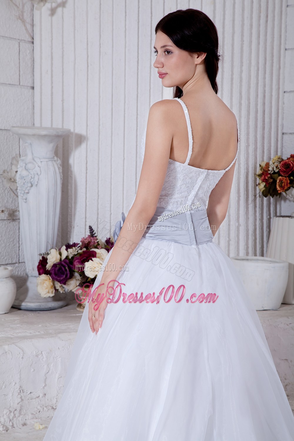 Modest Straps Court Train Flowers Sashes Wedding Dresses