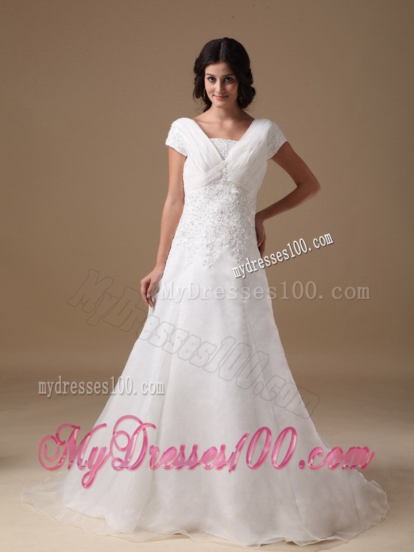 V-neck Court Train Appliqued Wedding Dresses with Short Sleeves