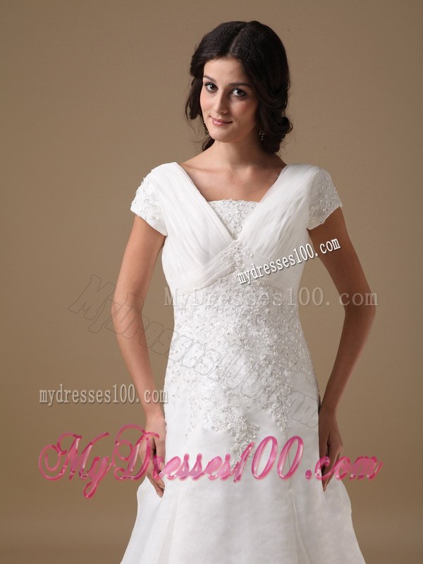 V-neck Court Train Appliqued Wedding Dresses with Short Sleeves