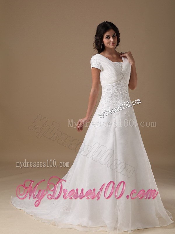 V-neck Court Train Appliqued Wedding Dresses with Short Sleeves