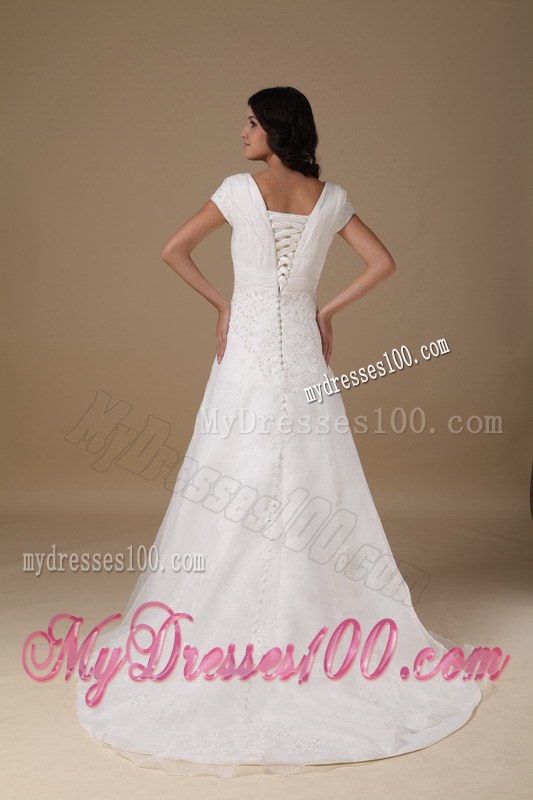 V-neck Court Train Appliqued Wedding Dresses with Short Sleeves