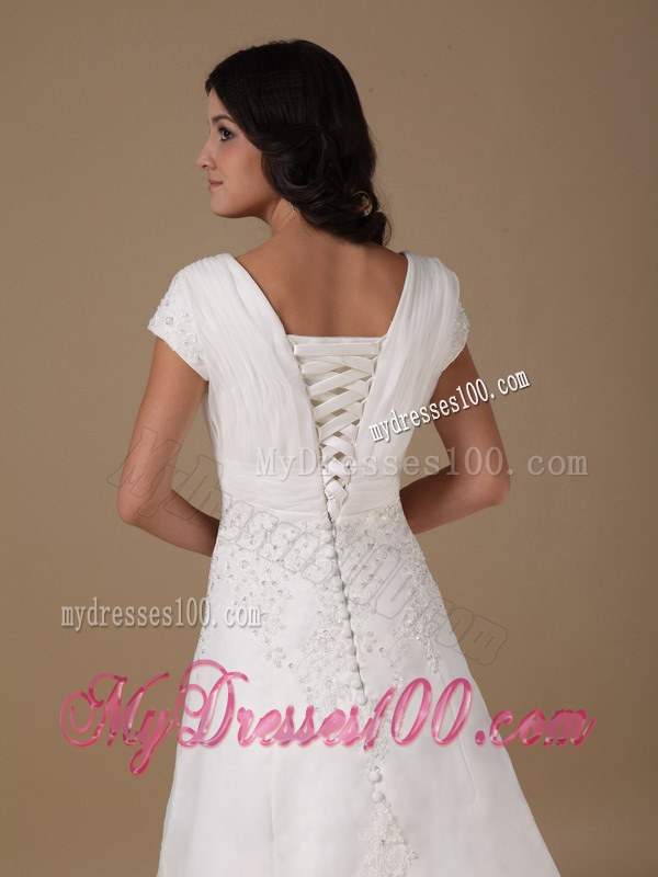 V-neck Court Train Appliqued Wedding Dresses with Short Sleeves
