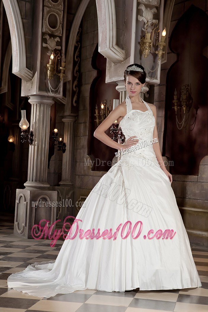 Ball Gown Bridal Gowns with Appliques and Beading Halter Court Train