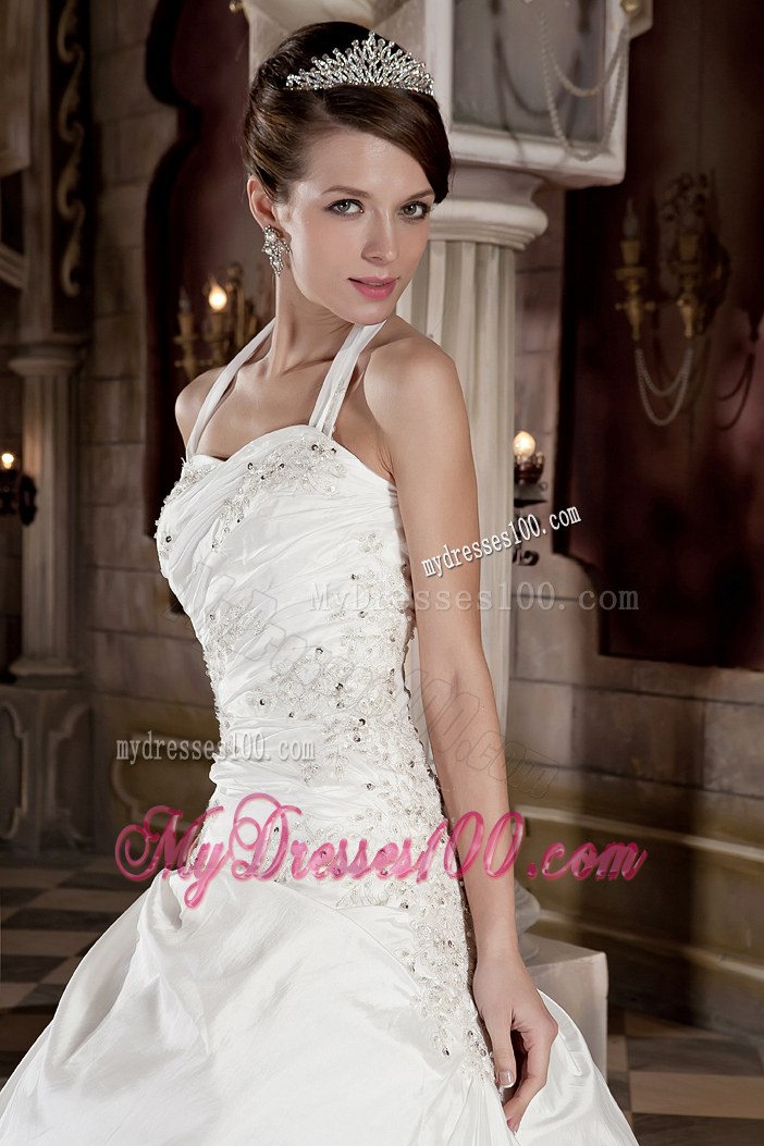 Ball Gown Bridal Gowns with Appliques and Beading Halter Court Train