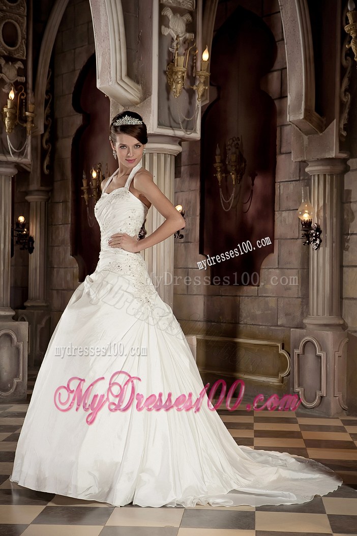 Ball Gown Bridal Gowns with Appliques and Beading Halter Court Train