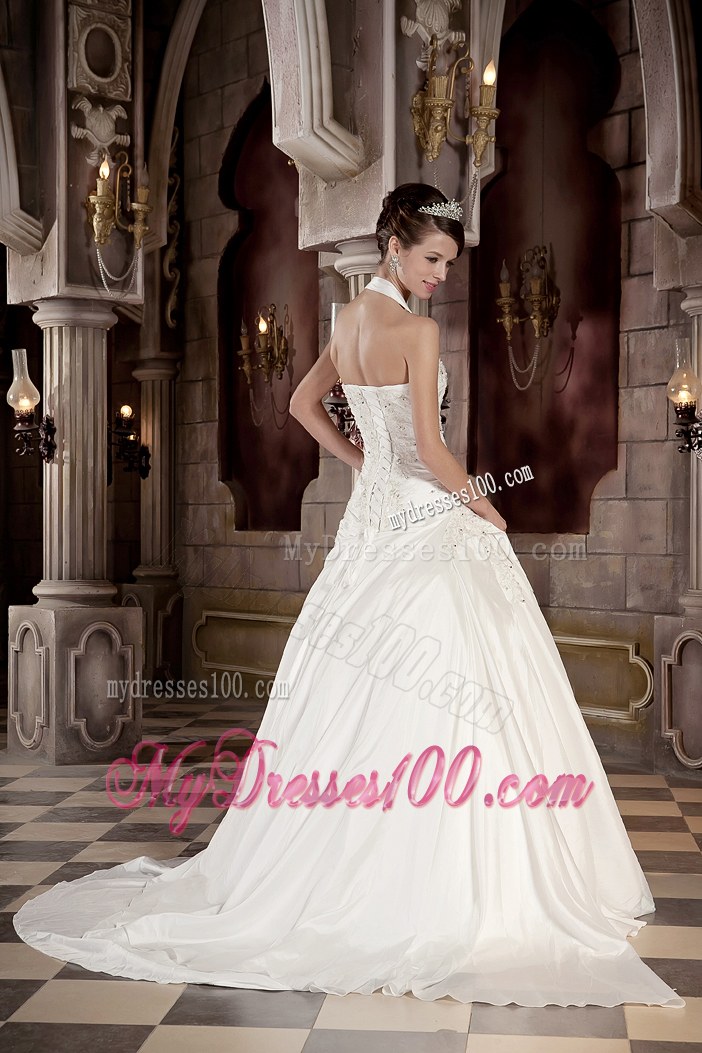 Ball Gown Bridal Gowns with Appliques and Beading Halter Court Train