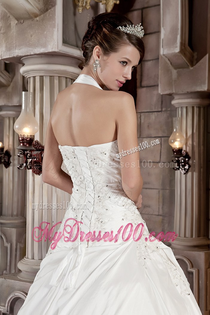 Ball Gown Bridal Gowns with Appliques and Beading Halter Court Train