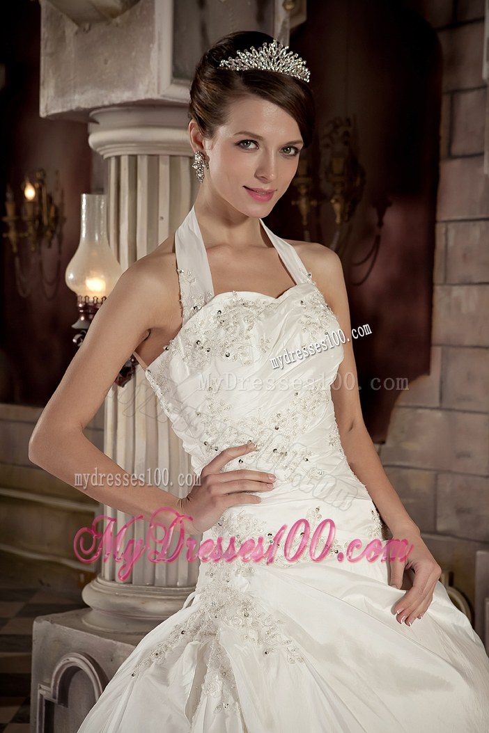 Ball Gown Bridal Gowns with Appliques and Beading Halter Court Train