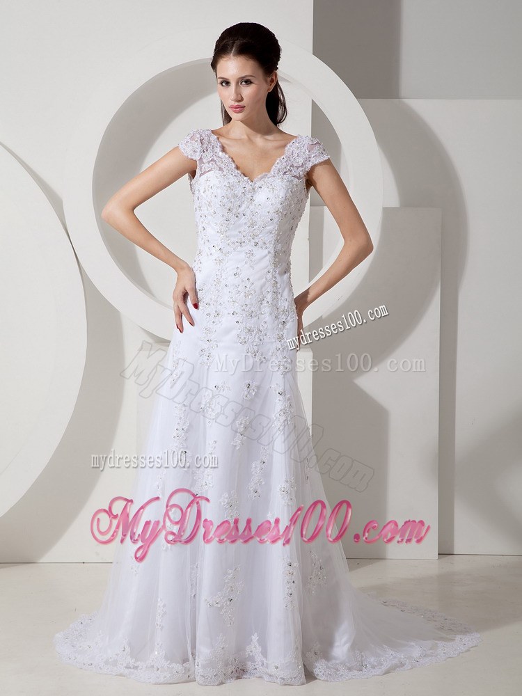 Modest Column V-neck Court Train Lace Beading Wedding Dress