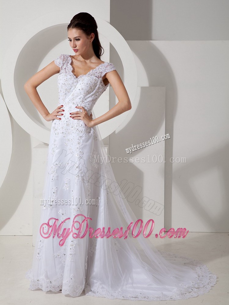 Modest Column V-neck Court Train Lace Beading Wedding Dress