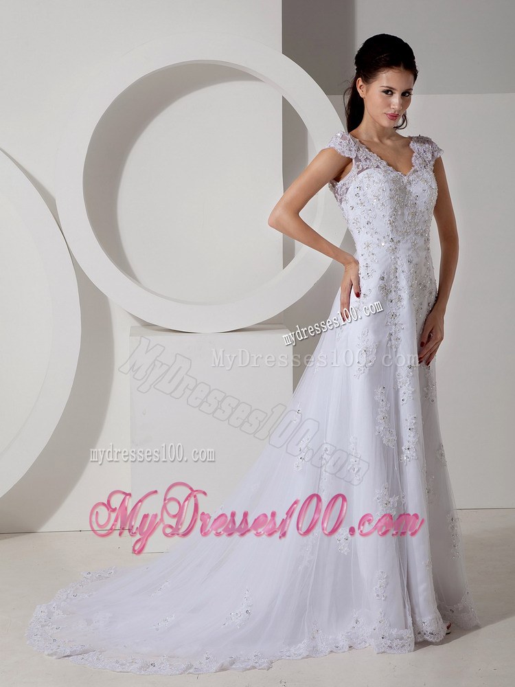 Modest Column V-neck Court Train Lace Beading Wedding Dress