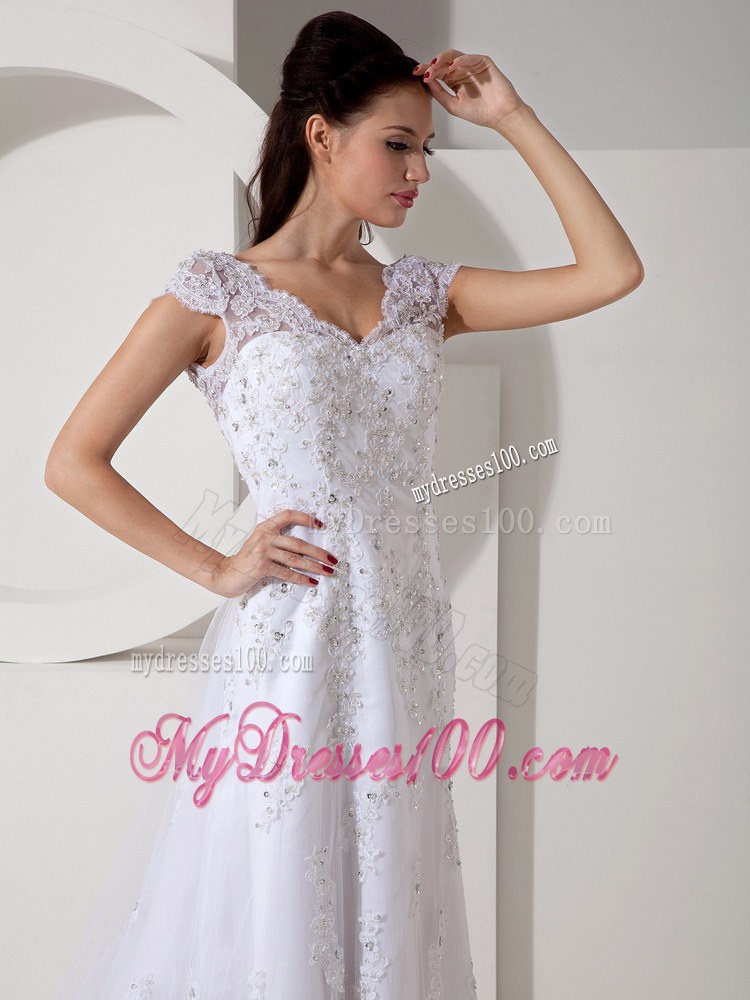 Modest Column V-neck Court Train Lace Beading Wedding Dress