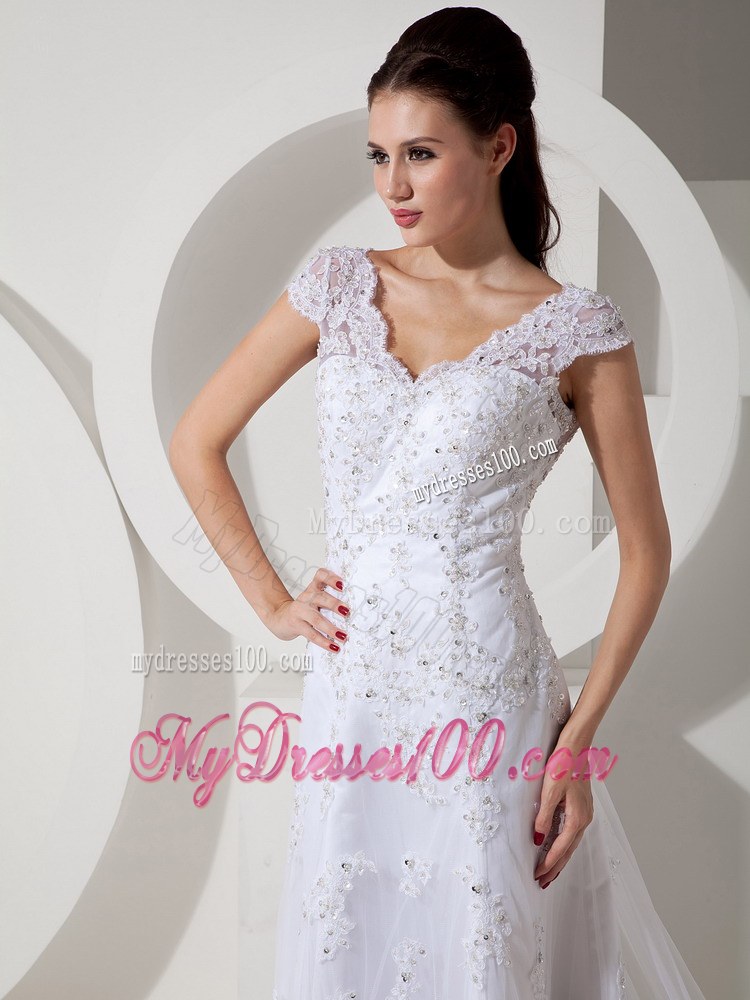 Modest Column V-neck Court Train Lace Beading Wedding Dress