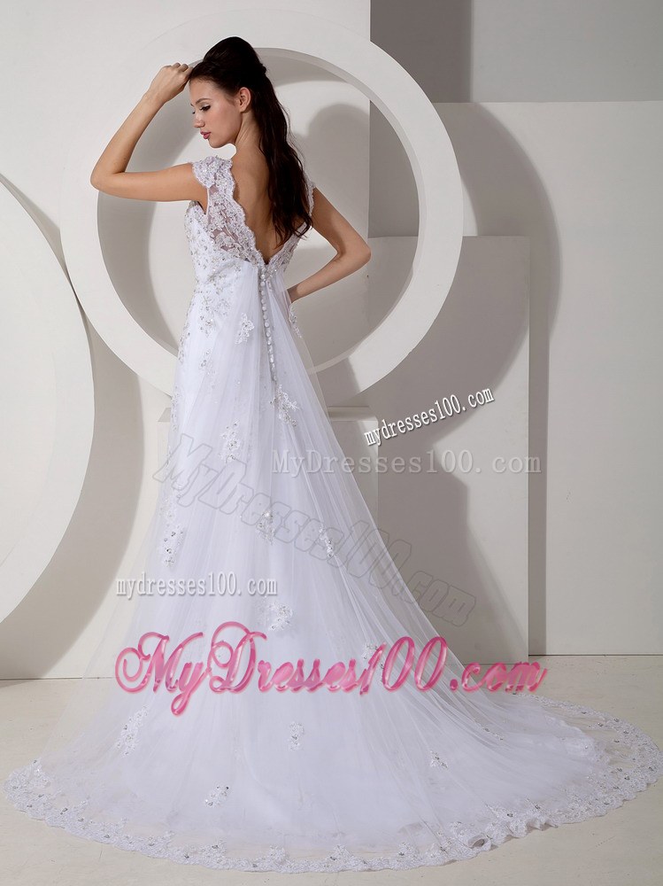 Modest Column V-neck Court Train Lace Beading Wedding Dress