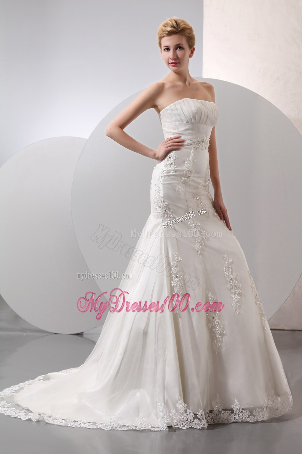 Modest Mermaid Strapless Court Train Lace Wedding Gowns