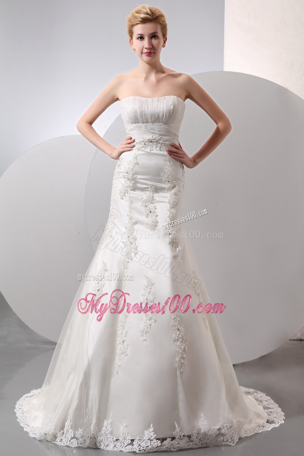 Modest Mermaid Strapless Court Train Lace Wedding Gowns