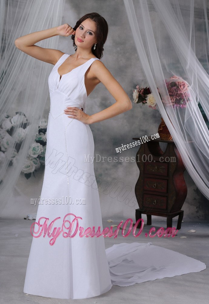 Beaded Decorate Bodice Watteau Train Scoop Cheap Wedding Gowns