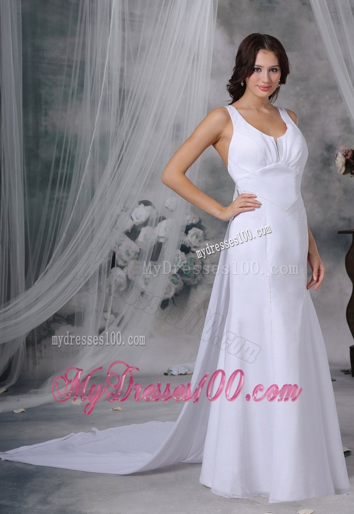 Beaded Decorate Bodice Watteau Train Scoop Cheap Wedding Gowns