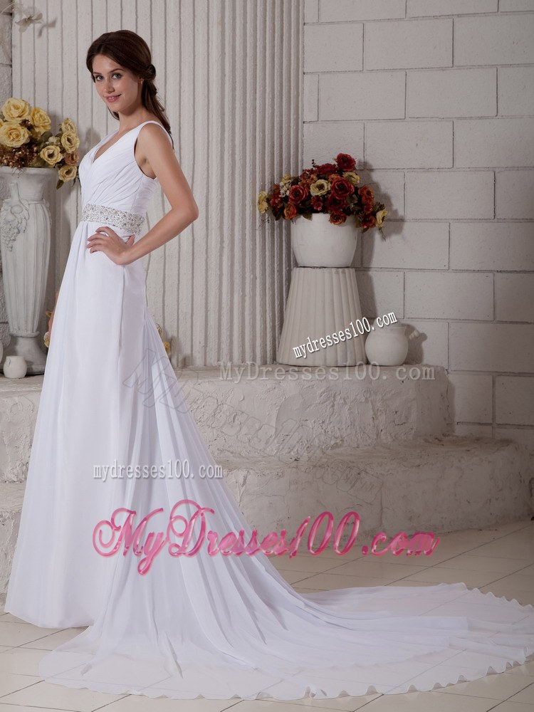 Pretty Empire V-neck Court Train Ruching and Beading Wedding Dress