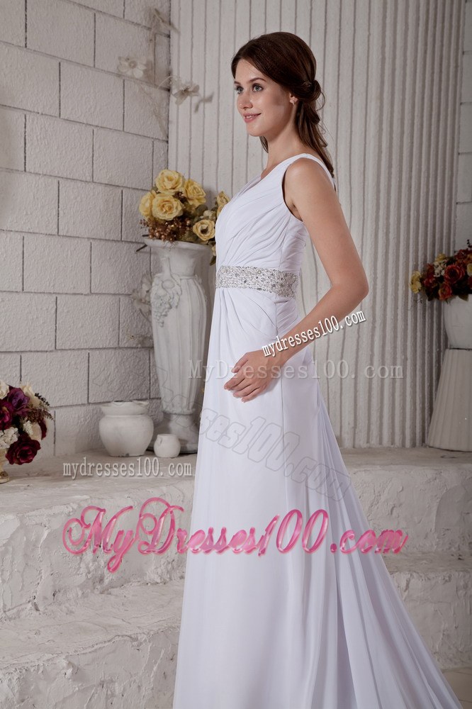 Pretty Empire V-neck Court Train Ruching and Beading Wedding Dress