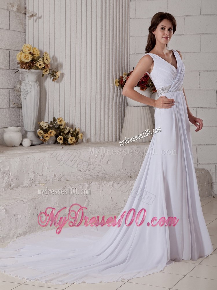 Pretty Empire V-neck Court Train Ruching and Beading Wedding Dress