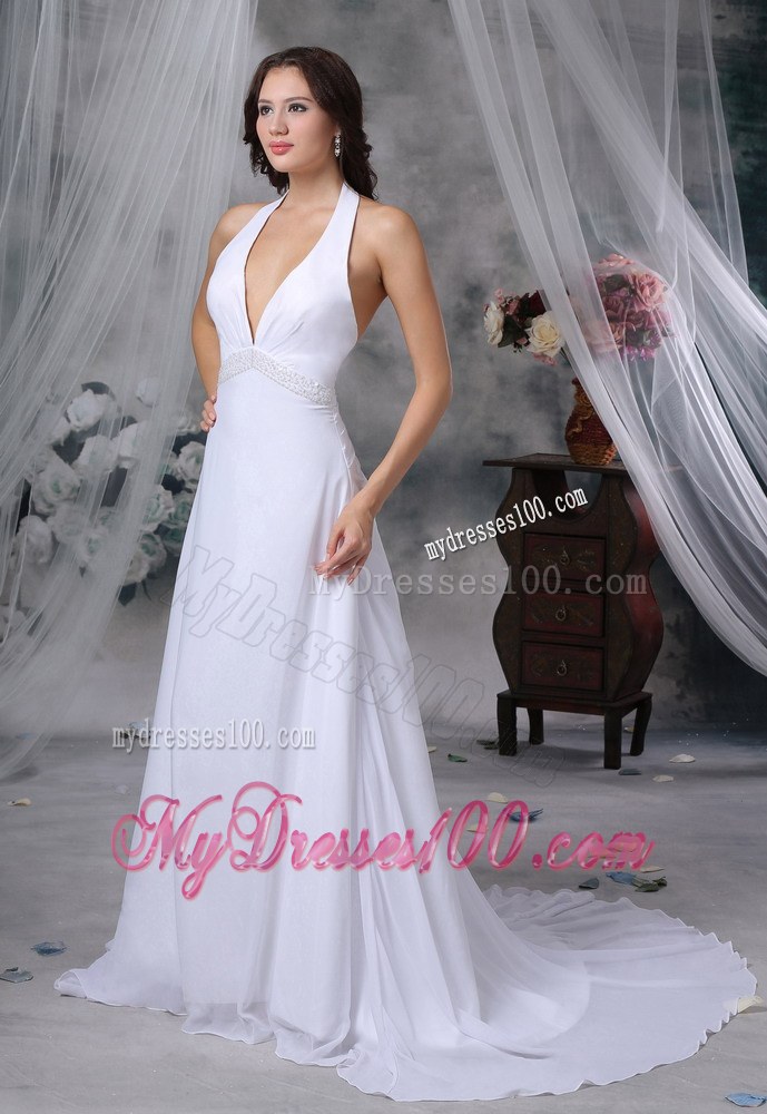 Halter Top Beaded Decorate Waist Court Train Cheap Wedding Dresses