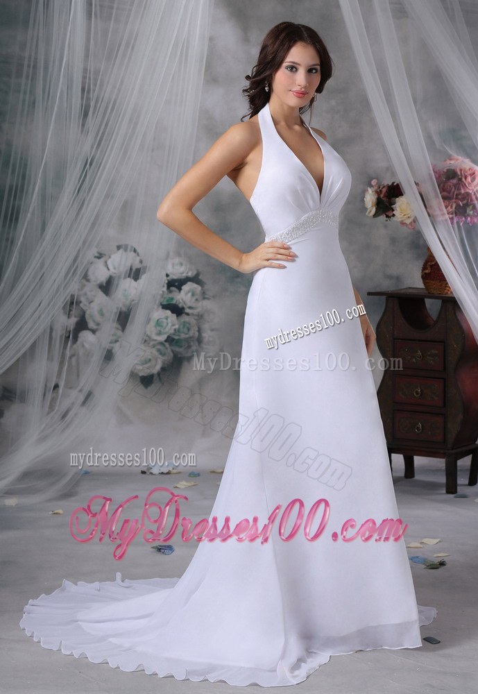 Halter Top Beaded Decorate Waist Court Train Cheap Wedding Dresses