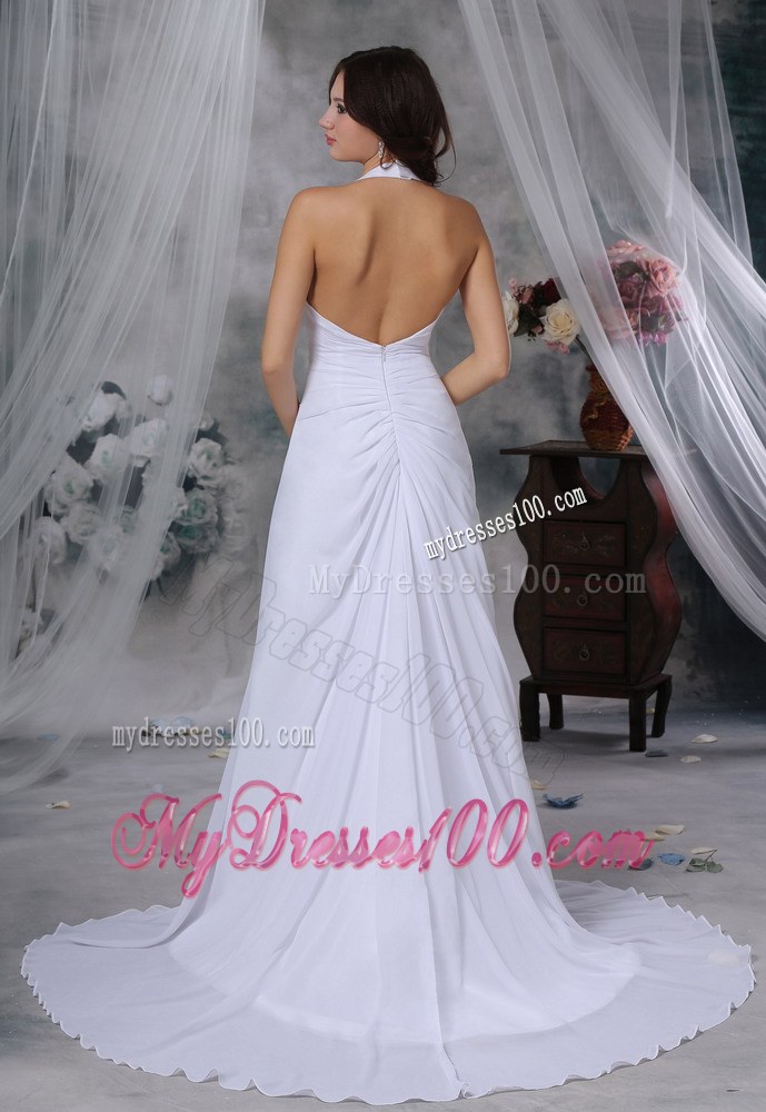 Halter Top Beaded Decorate Waist Court Train Cheap Wedding Dresses