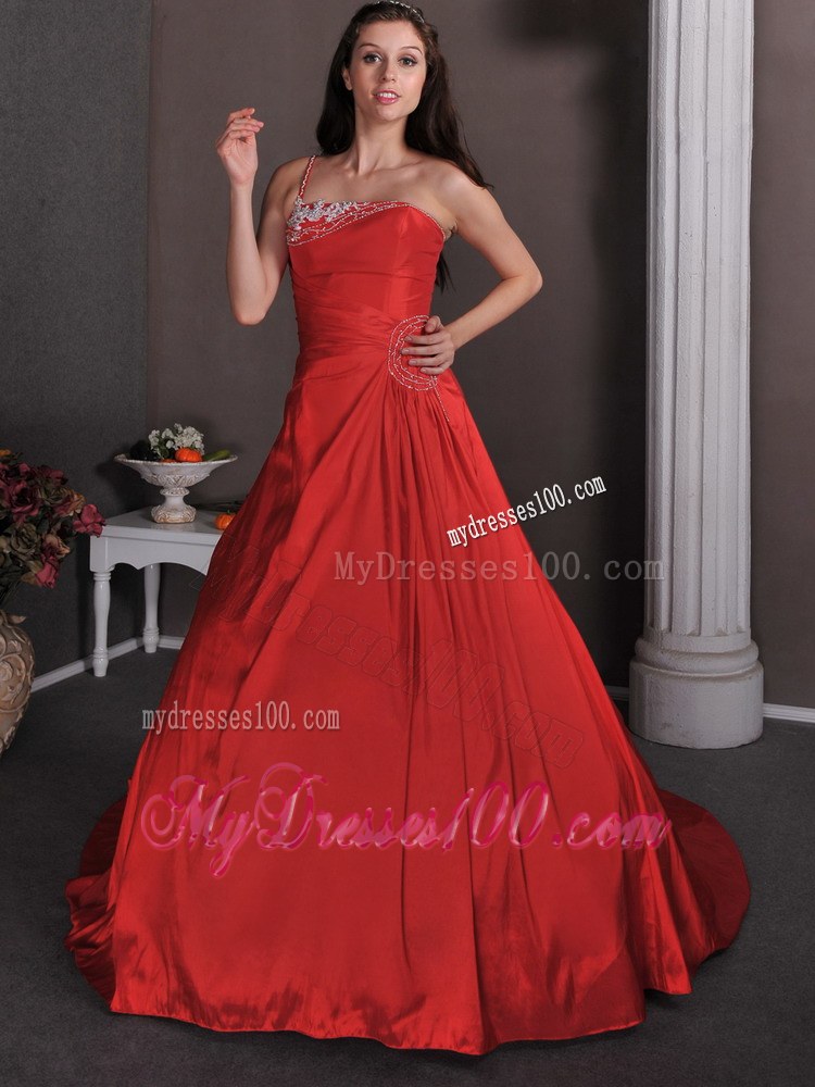 Popular Red Wedding Dress with Appliques One Shoulder Court Train