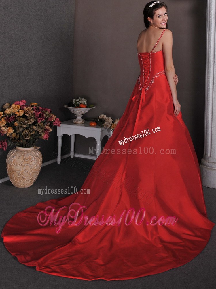 Popular Red Wedding Dress with Appliques One Shoulder Court Train