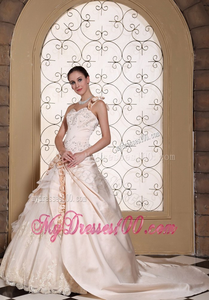 Champagne Flowers One Shoulder Ball Gown Wedding Dress For 2013