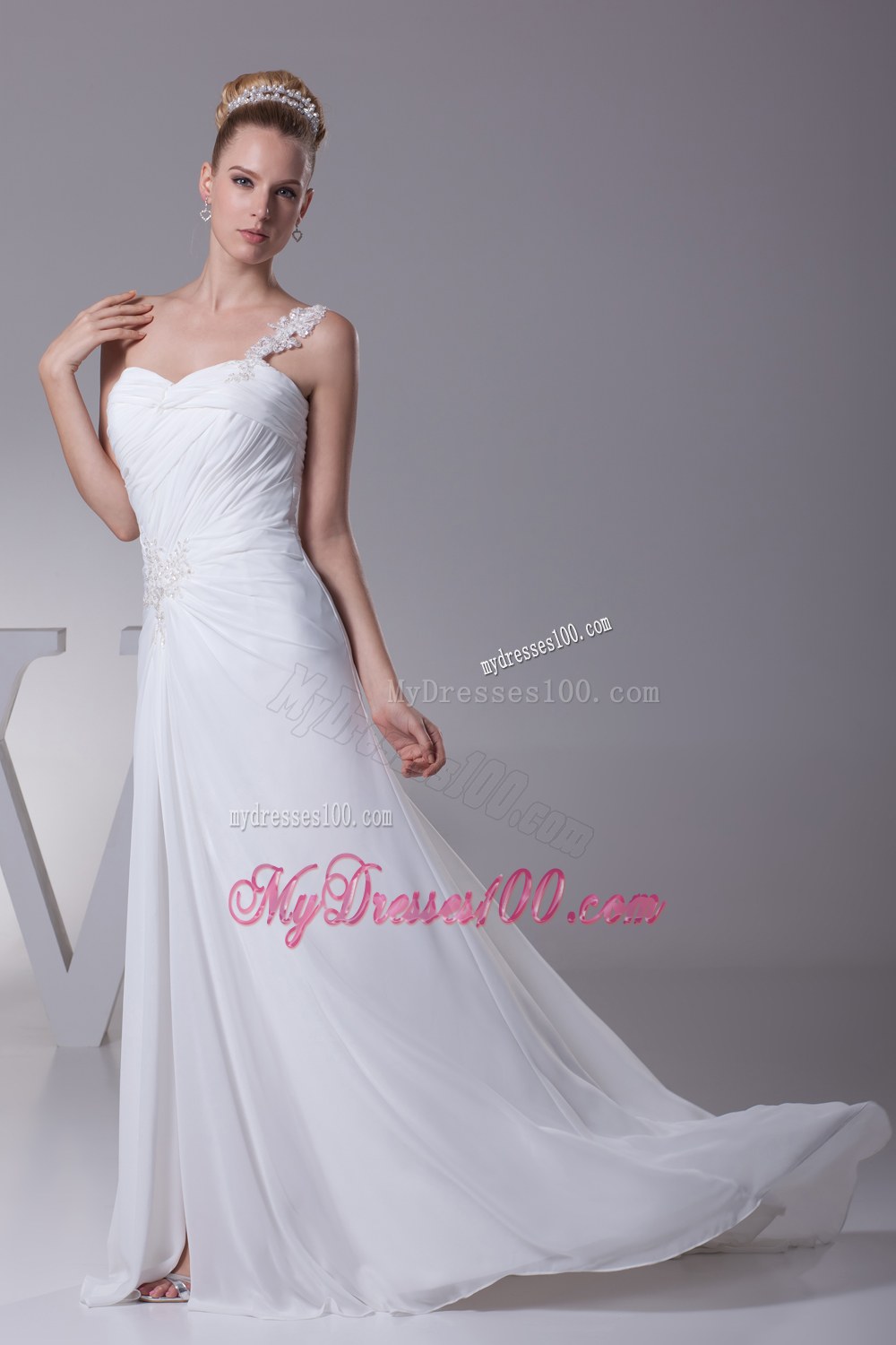 One Shoulder High Slit Ruching Appliques Wedding Dress