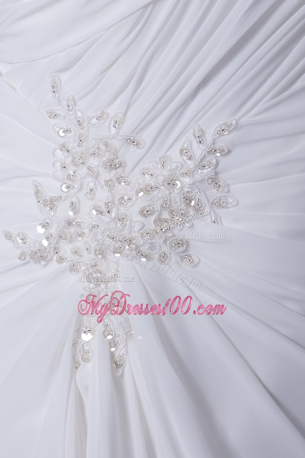 One Shoulder High Slit Ruching Appliques Wedding Dress
