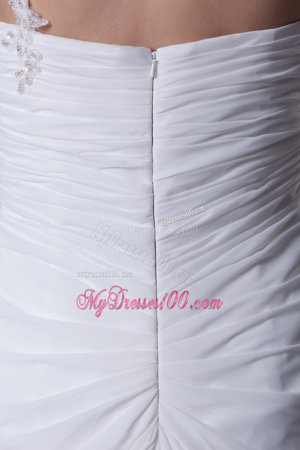 One Shoulder High Slit Ruching Appliques Wedding Dress