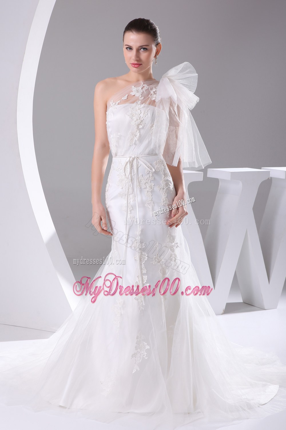 One Shoulder Mermaid Sash Brush Train Wedding Dress