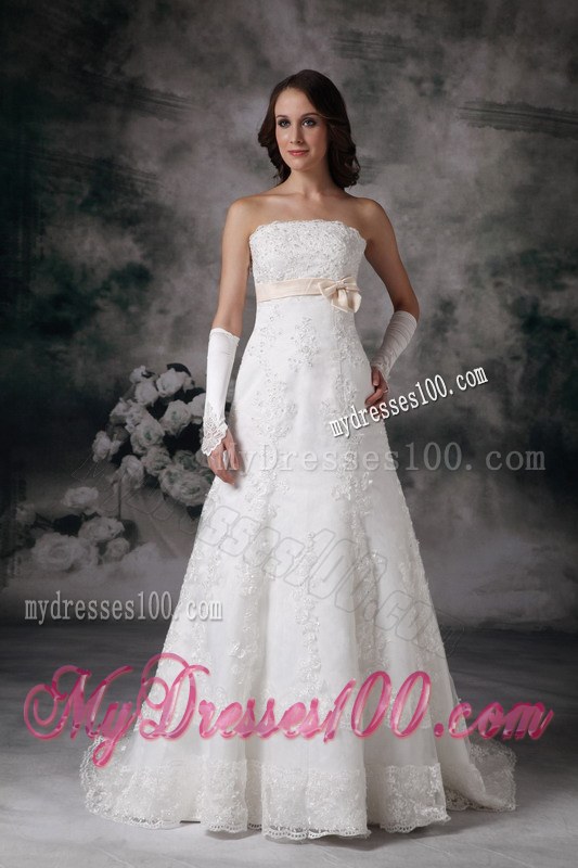 Perfect A-line Strapless Court Train Lace Bowknot Wedding Dress