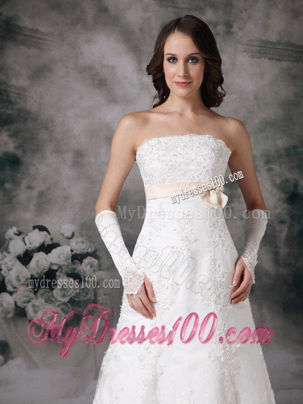 Perfect A-line Strapless Court Train Lace Bowknot Wedding Dress