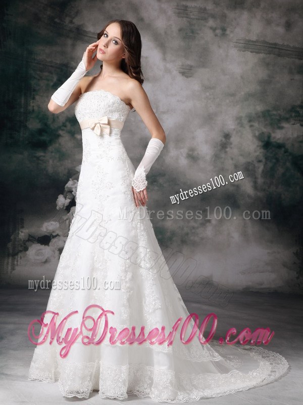 Perfect A-line Strapless Court Train Lace Bowknot Wedding Dress