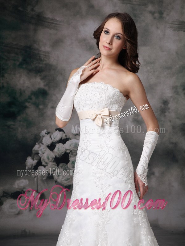 Perfect A-line Strapless Court Train Lace Bowknot Wedding Dress