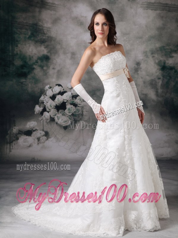 Perfect A-line Strapless Court Train Lace Bowknot Wedding Dress