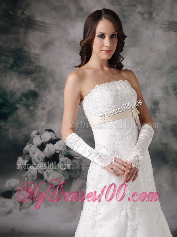Perfect A-line Strapless Court Train Lace Bowknot Wedding Dress