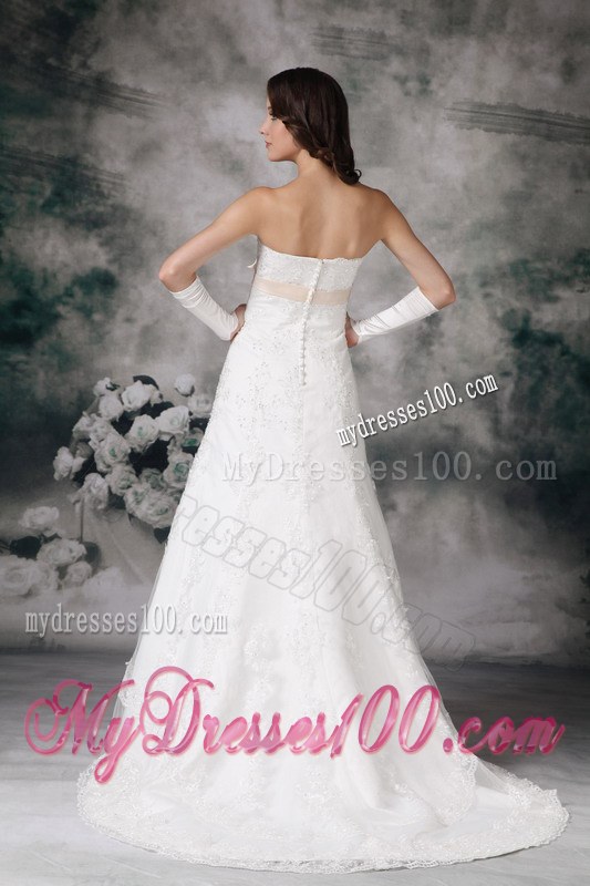 Perfect A-line Strapless Court Train Lace Bowknot Wedding Dress