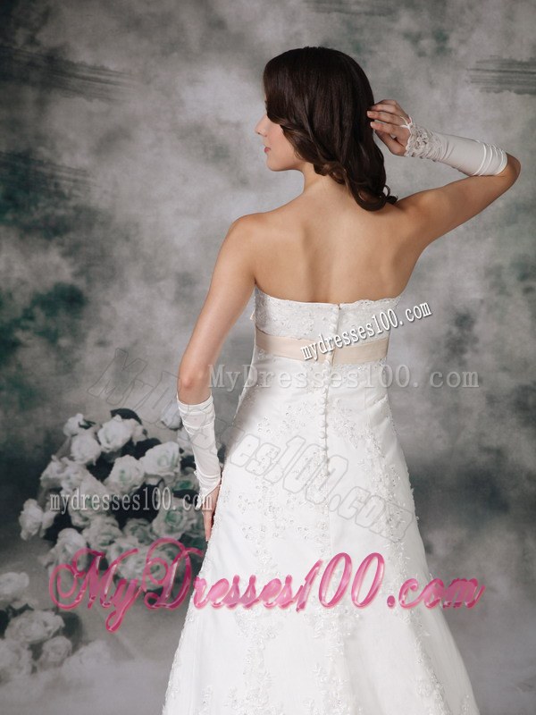 Perfect A-line Strapless Court Train Lace Bowknot Wedding Dress